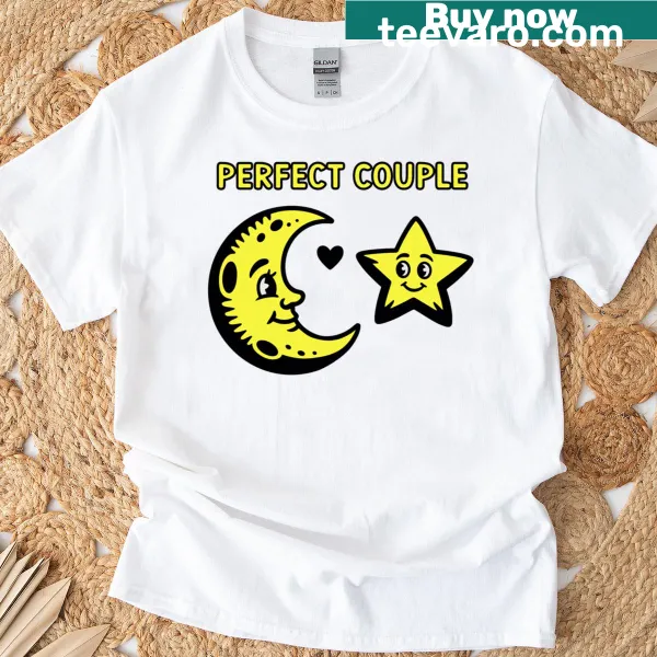 Couple t-shirt featuring a whimsical moon and star design.
