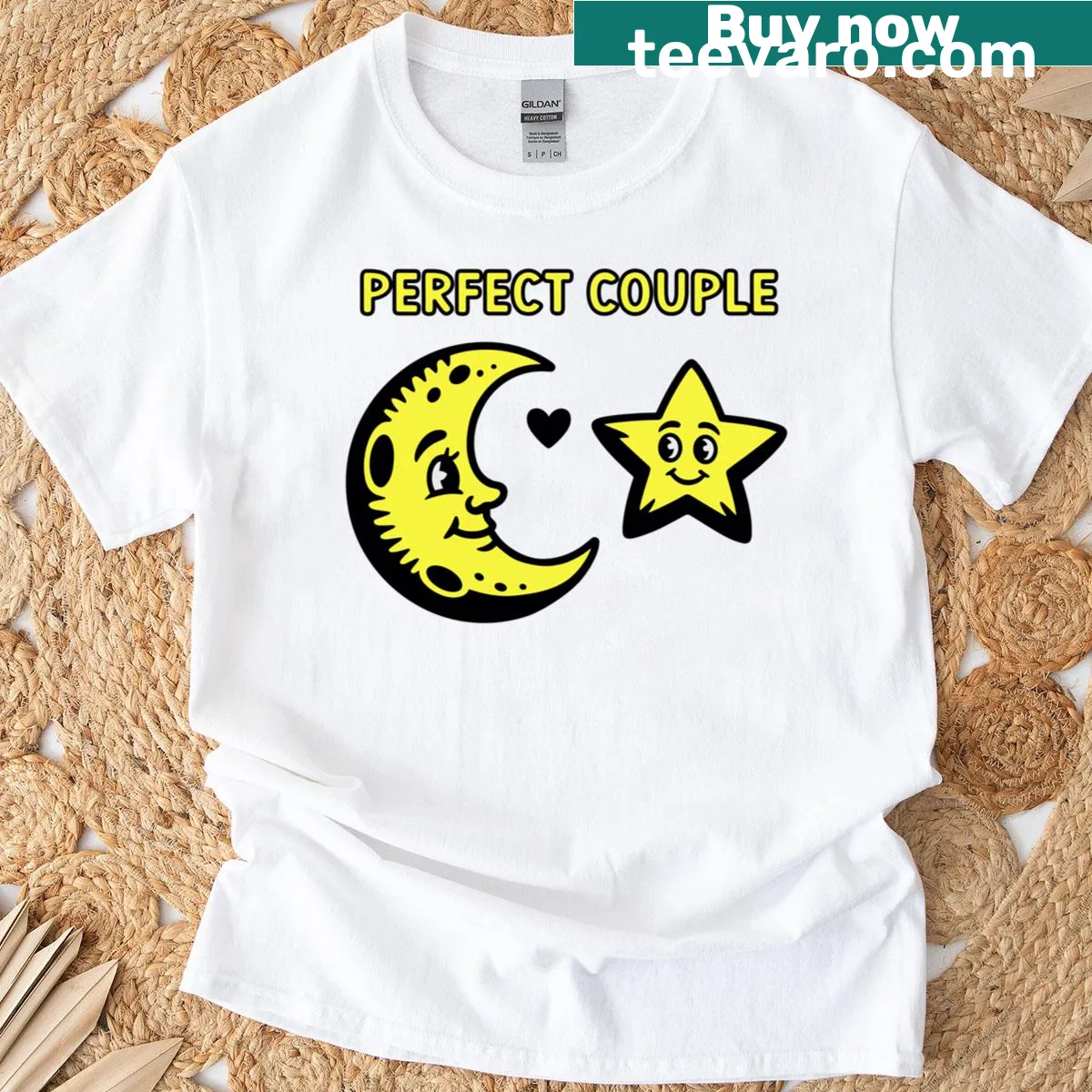 Couple t-shirt featuring a whimsical moon and star design. — on a men's t-shirt
