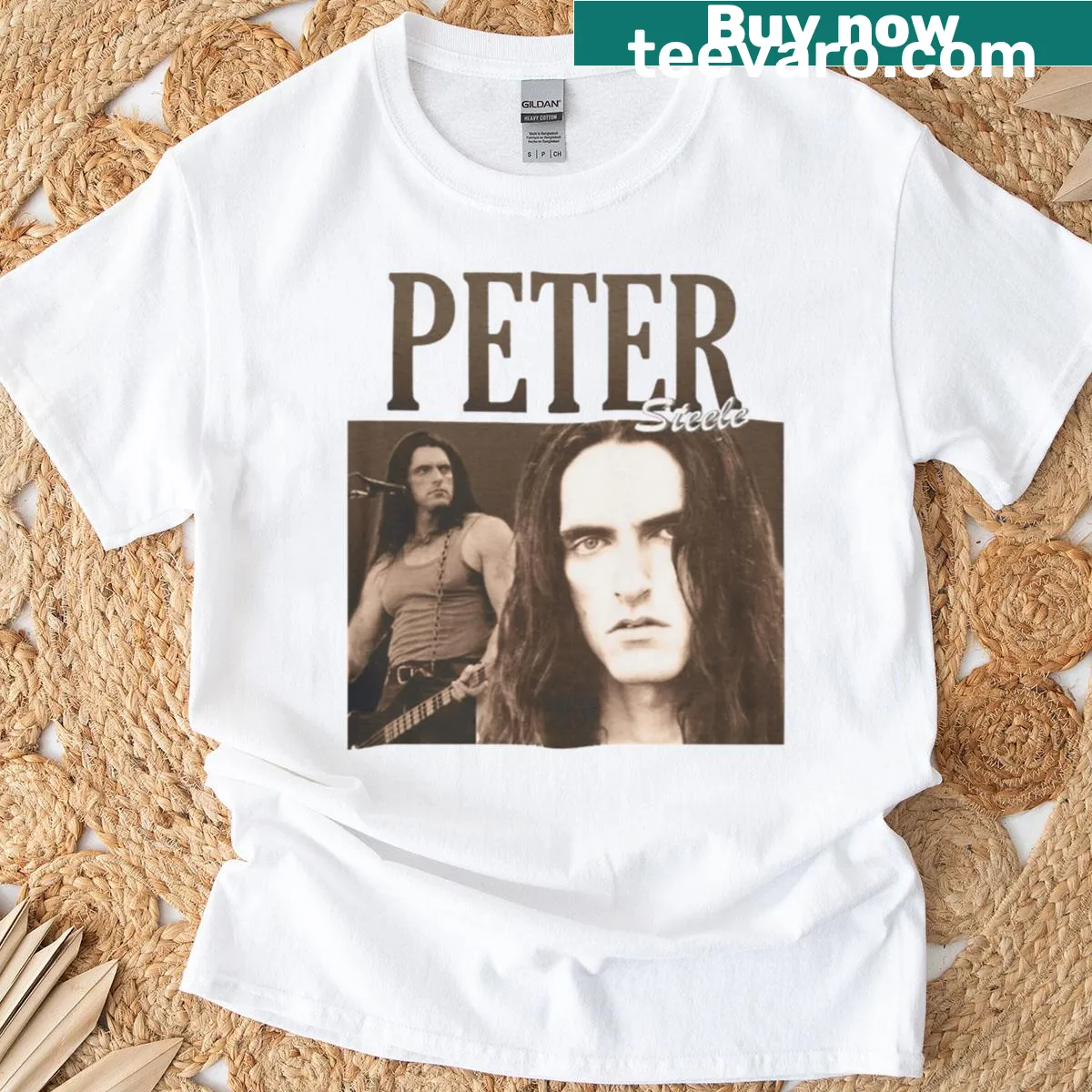 Tribute T-shirt with badge-style design honoring Peter Steele — on a men's t-shirt