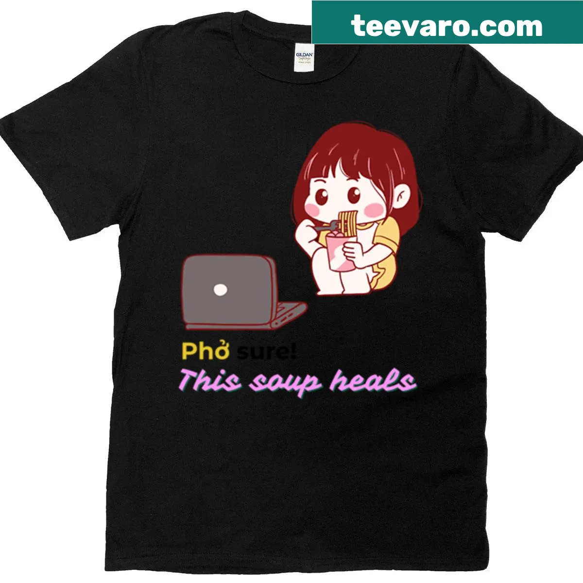 Chibi girl enjoying pho soup graphic on a t-shirt — on a men's t-shirt