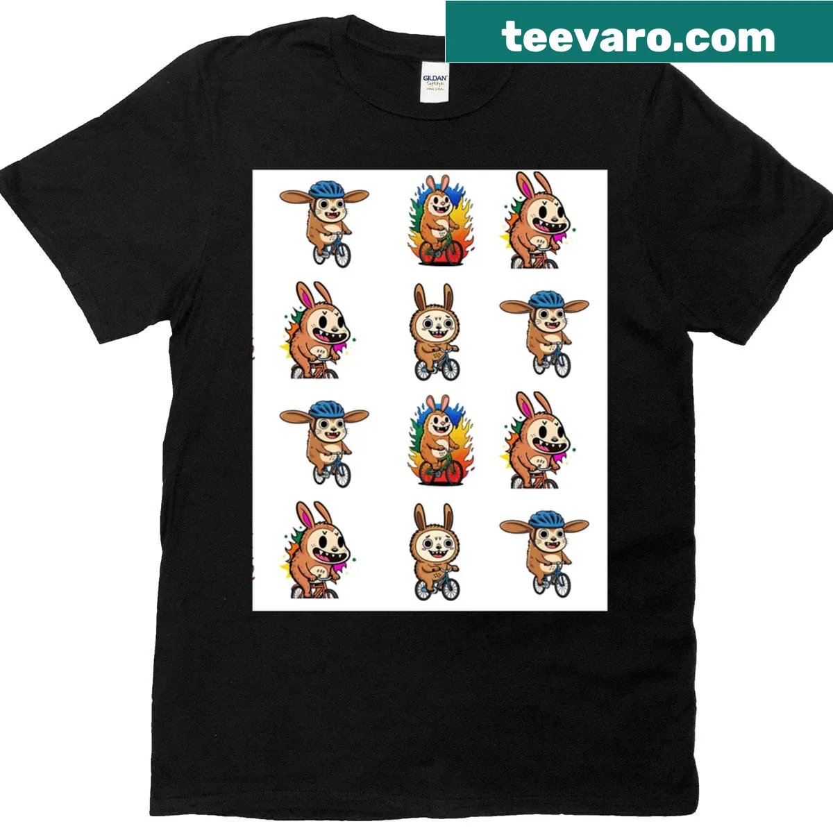 Graphic T-shirt featuring Labubu and Bikebubu, playful cartoon characters for cycling lovers. — on a men's t-shirt