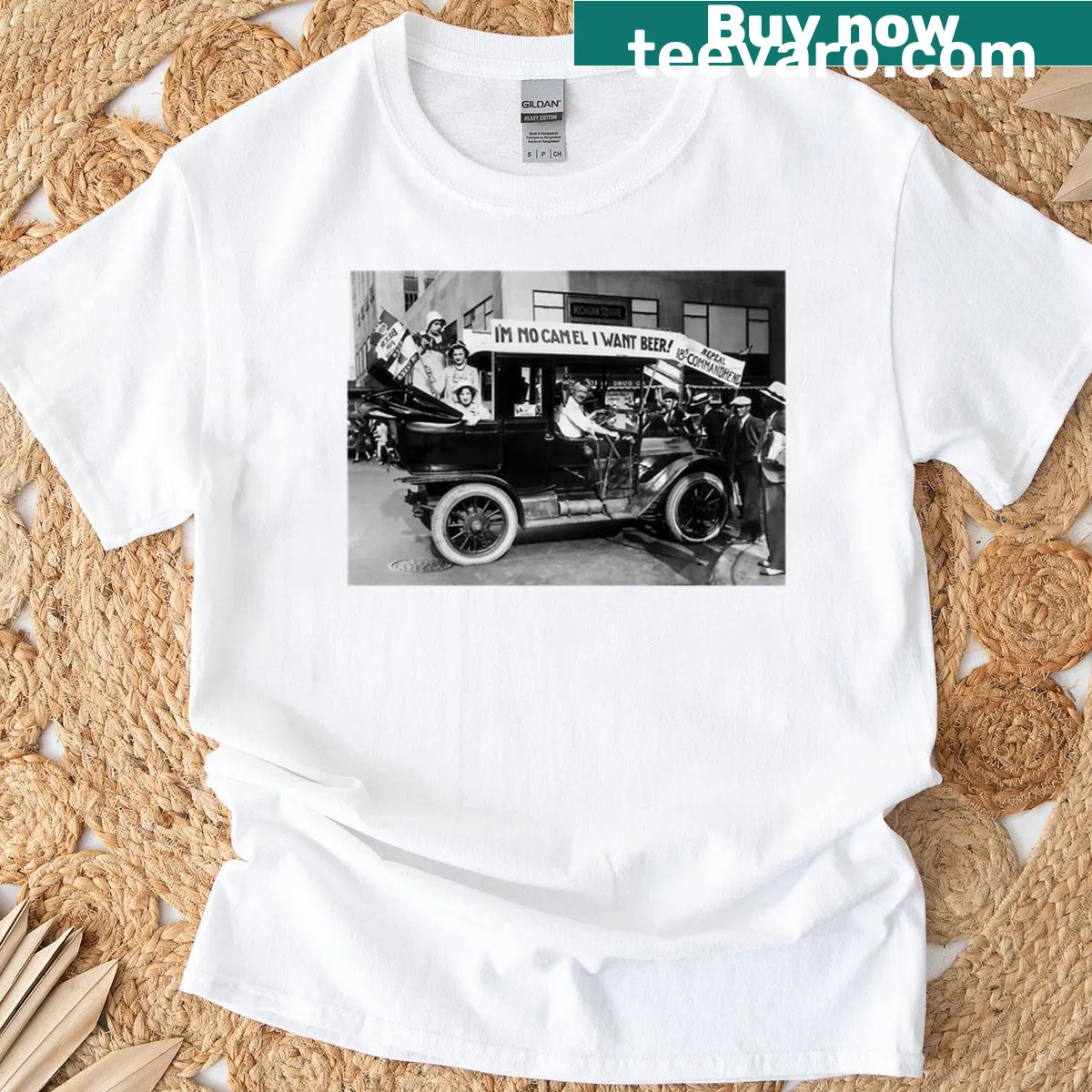 Black and white t-shirt featuring an old photo of a Prohibition-era car — on a men's t-shirt