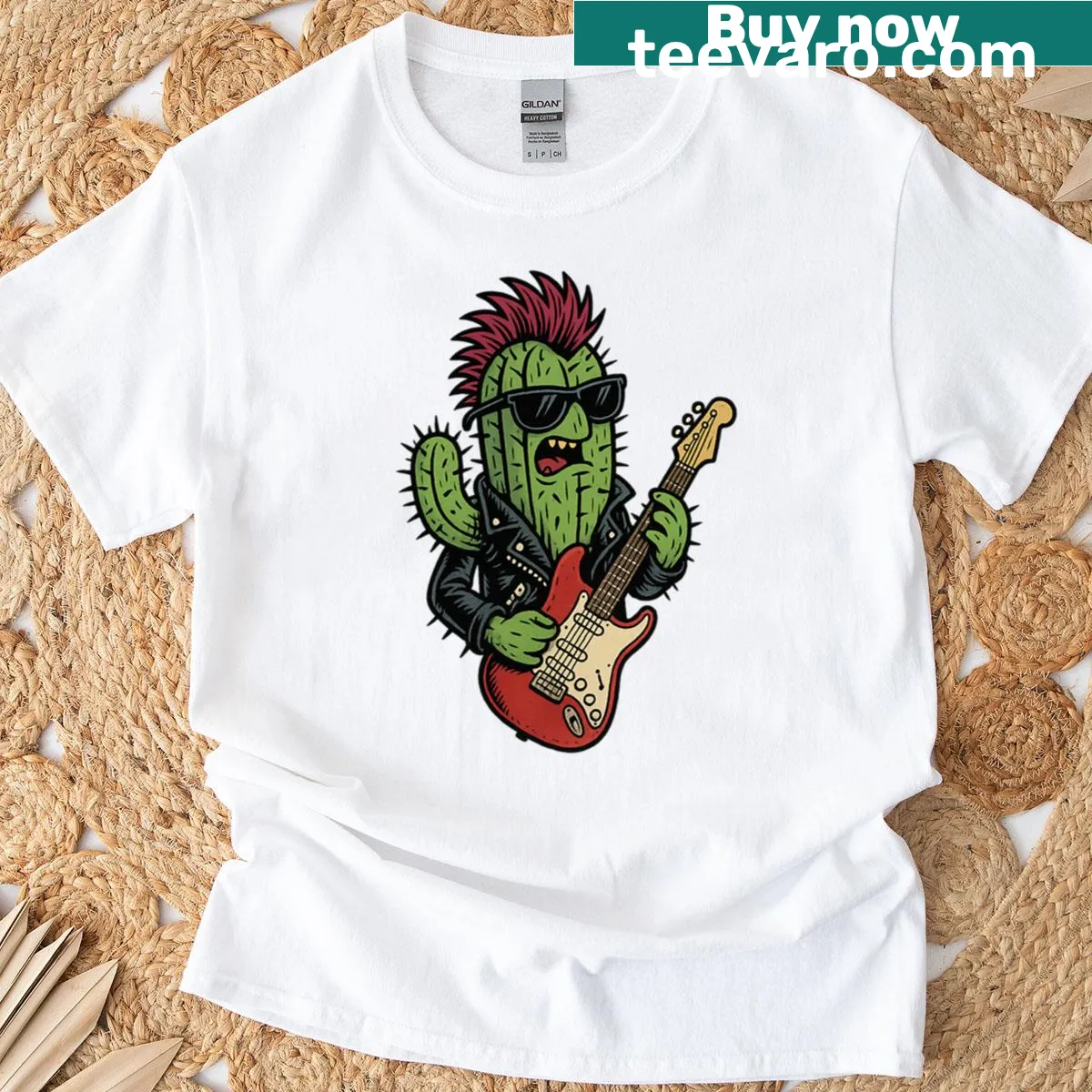 Illustration of a punk rock cactus playing guitar in the desert — on a men's t-shirt