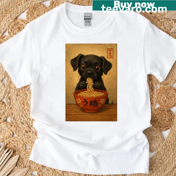 Cartoon graphic of a dog slurping ramen on a t-shirt