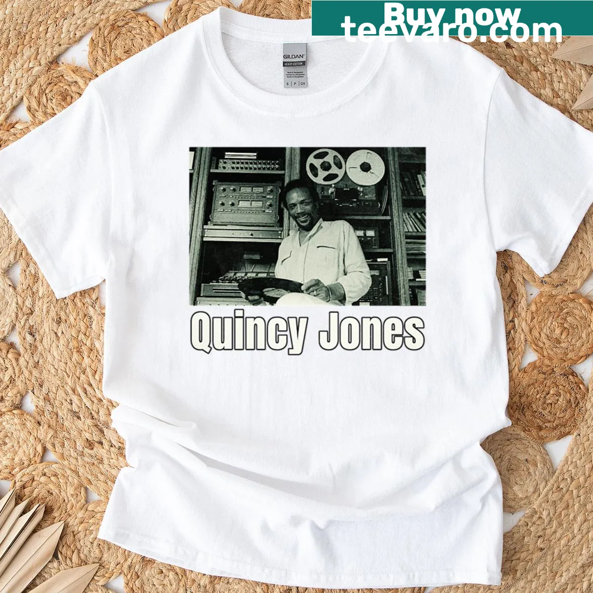 Tribute T-shirt featuring an illustration of Quincy Jones — on a men's t-shirt