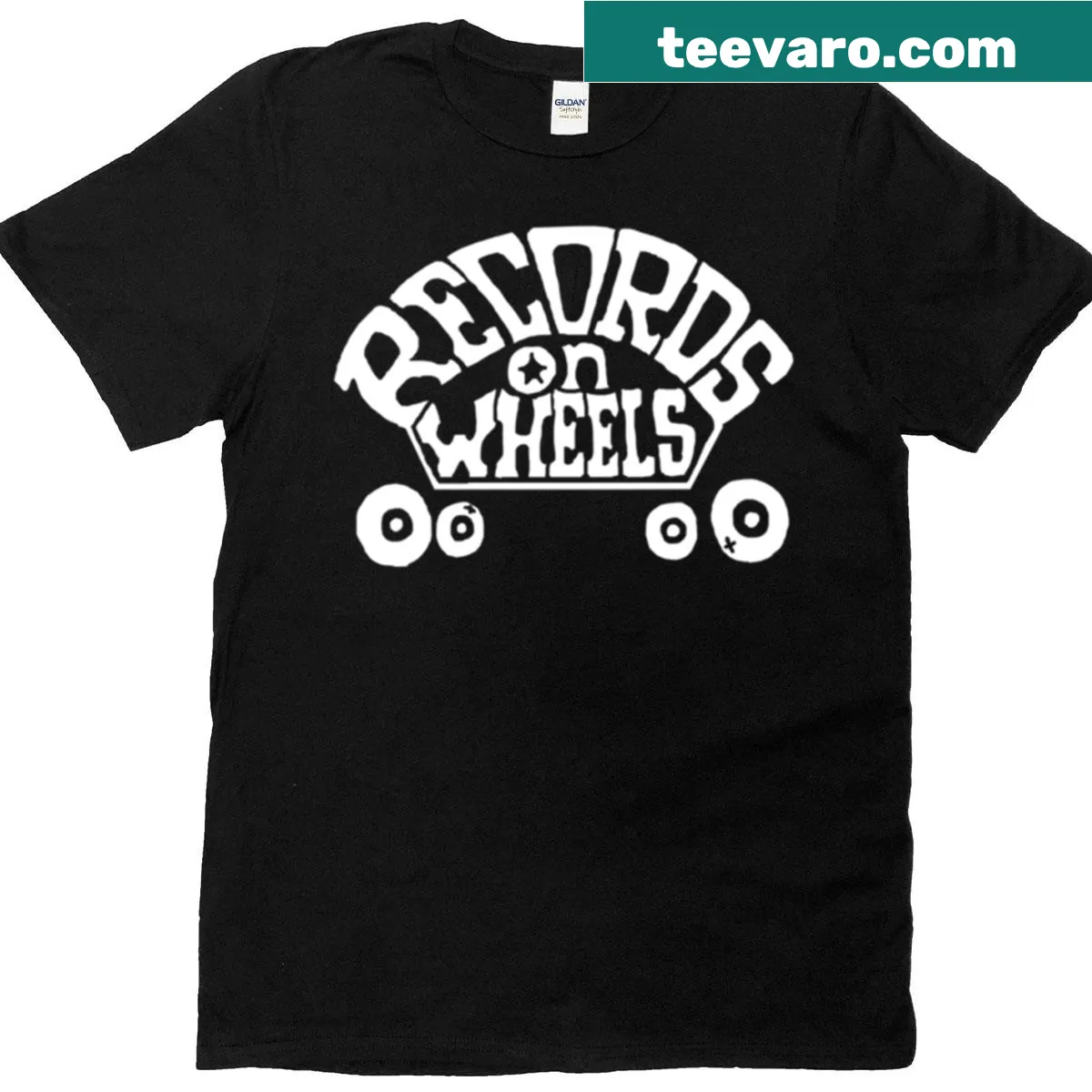 Fun T-shirt with cartoon design of records on wheels. — on a men's t-shirt