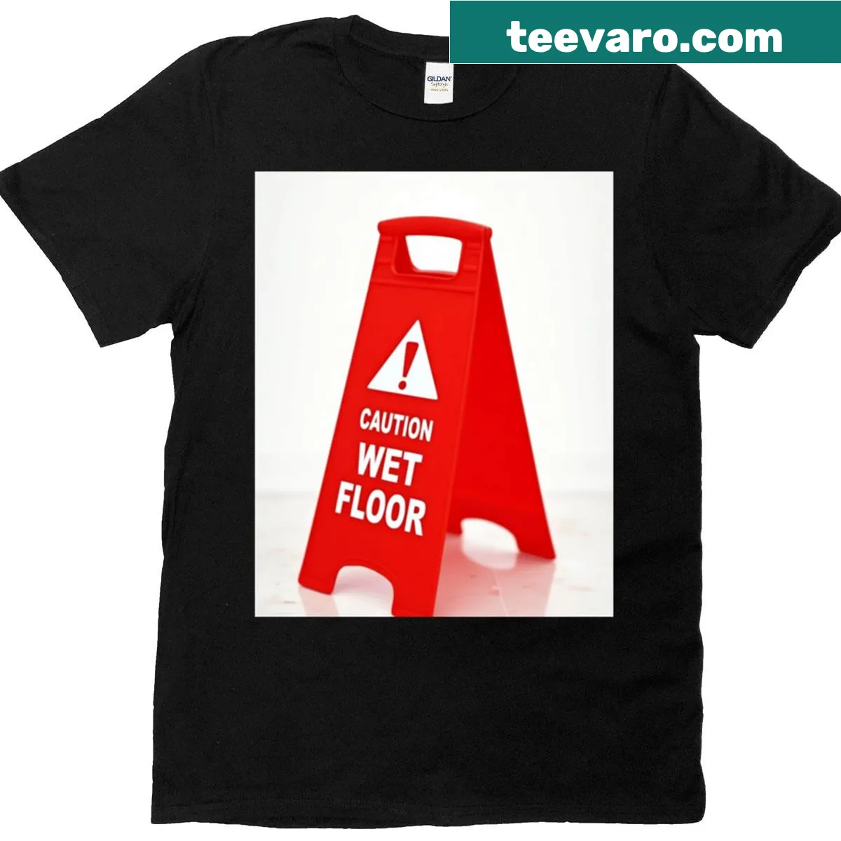 Graphic T-shirt featuring a bold red wet floor sign design. — on a men's t-shirt