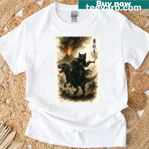 Retro calligraphy design featuring a cat and dinosaur on a T-shirt