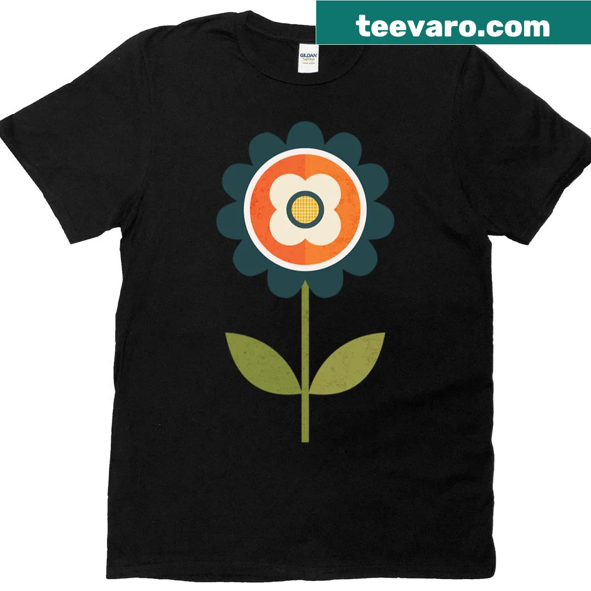 Vintage-inspired T-shirt with retro daisies in orange and cream — on a men's t-shirt
