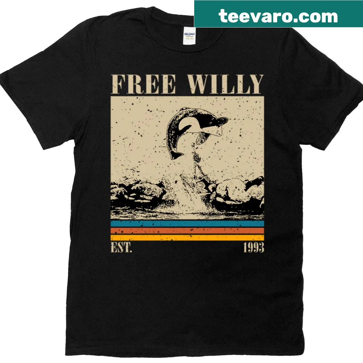 Retro Free Willy t-shirt with a jumping whale graphic — on a men's t-shirt