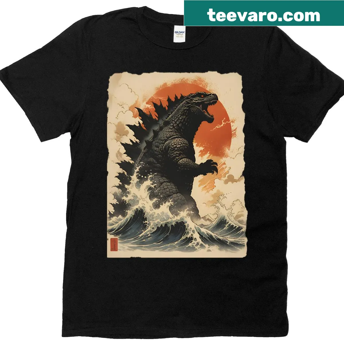 Oversized t-shirt featuring Godzilla and the Great Wave illustration — on a men's t-shirt