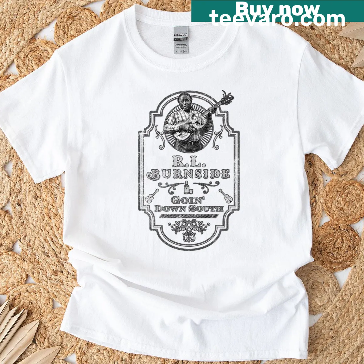 Vintage tribute graphic for R.L. Burnside on a t-shirt — on a men's t-shirt
