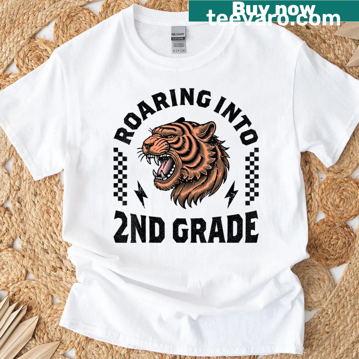 Illustrated tiger graphic with text for kids starting 2nd grade. — on a men's t-shirt