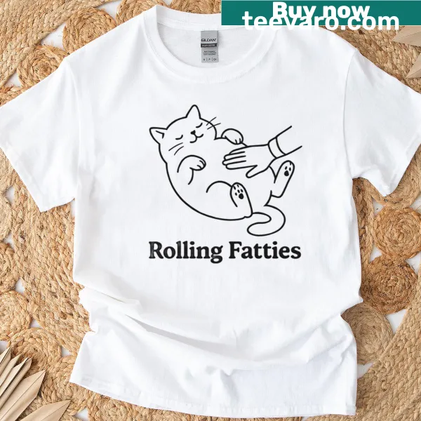 Cute cartoon cat graphic inviting belly rubs on a t-shirt.