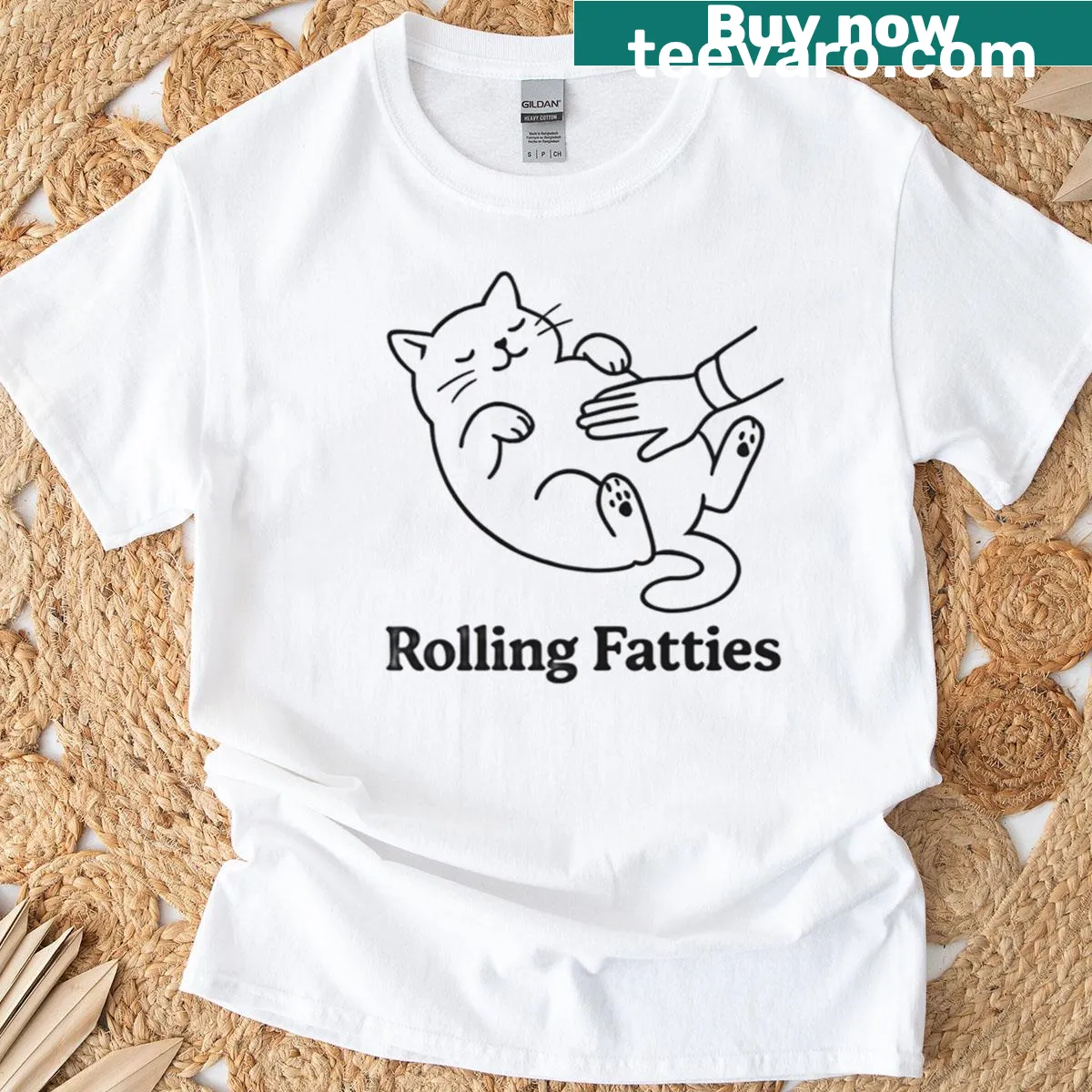 Cute cartoon cat graphic inviting belly rubs on a t-shirt. — on a men's t-shirt