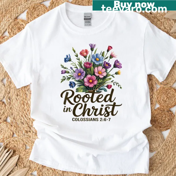 Floral graphic with 'Rooted In Christ' text on a t-shirt