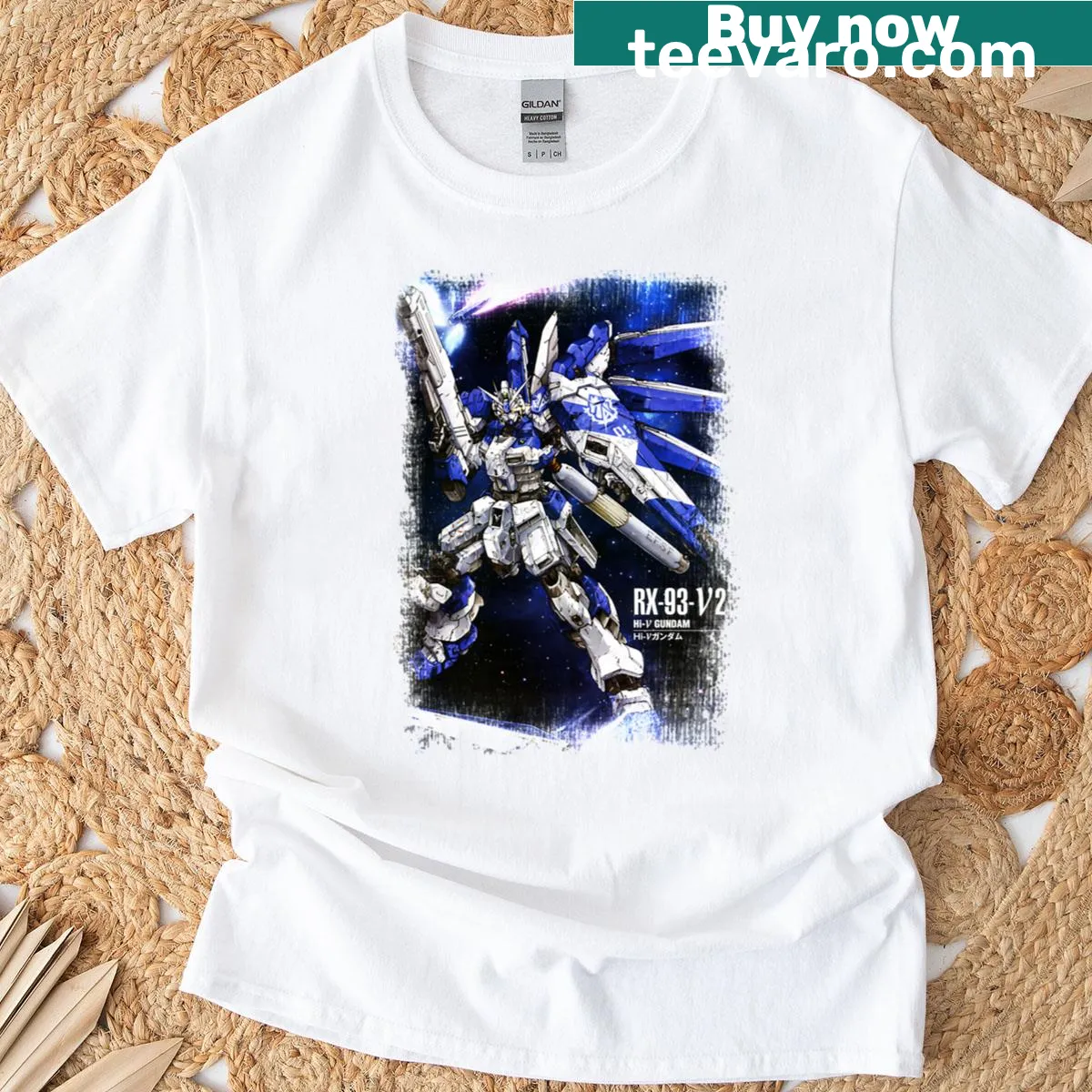 RX-93 Hi Nu T-shirt featuring detailed mobile suit artwork — on a men's t-shirt
