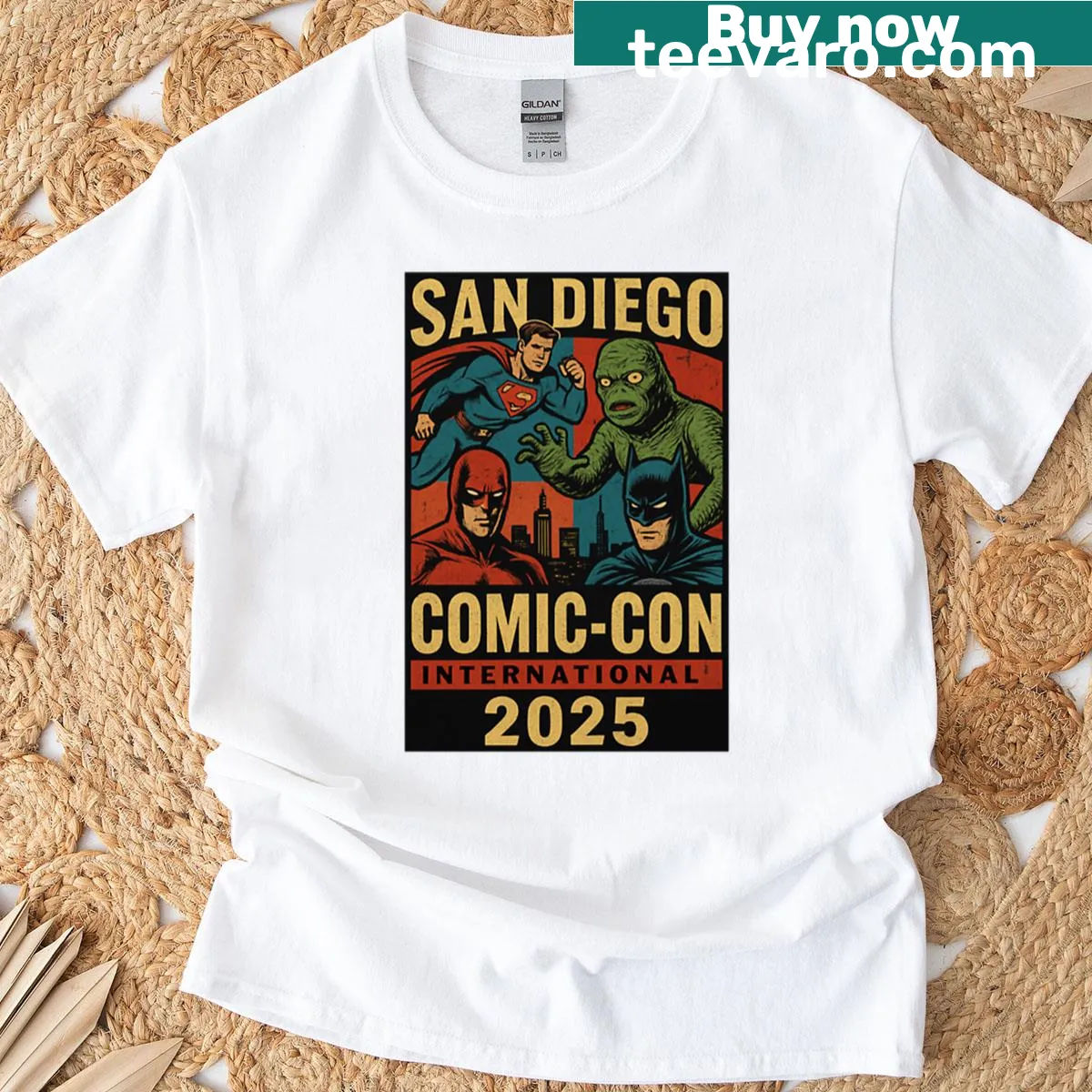 Retro superhero tribute t-shirt for San Diego Comic-con 2025 — on a men's t-shirt