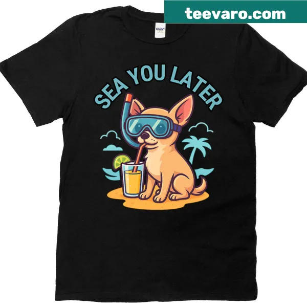 Chihuahua snorkeling in beach-themed graphic on T-shirt
