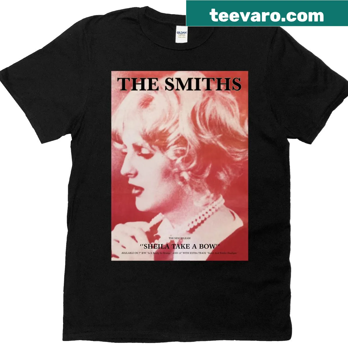 Illustrative T-shirt featuring a tribute to The Smiths' 'Sheila Take A Bow.' — on a men's t-shirt