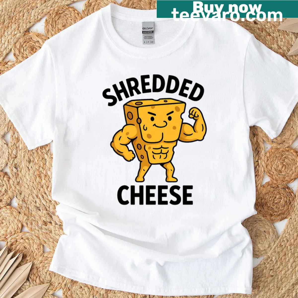 Funny T-shirt featuring buff cheese cartoon with gym pun — on a men's t-shirt