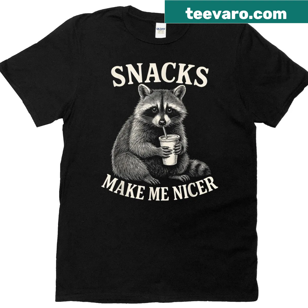 Sarcastic saying t-shirt with an illustration of a raccoon holding snacks — on a men's t-shirt