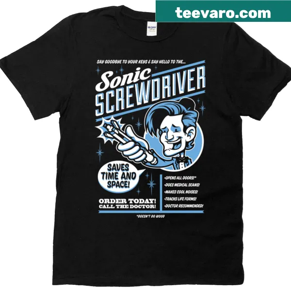 Vintage-style T-shirt featuring a Sonic Screwdriver advertisement design.