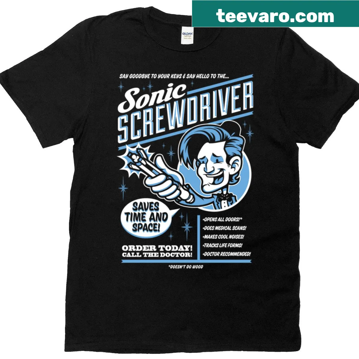 Vintage-style T-shirt featuring a Sonic Screwdriver advertisement design. — on a men's t-shirt