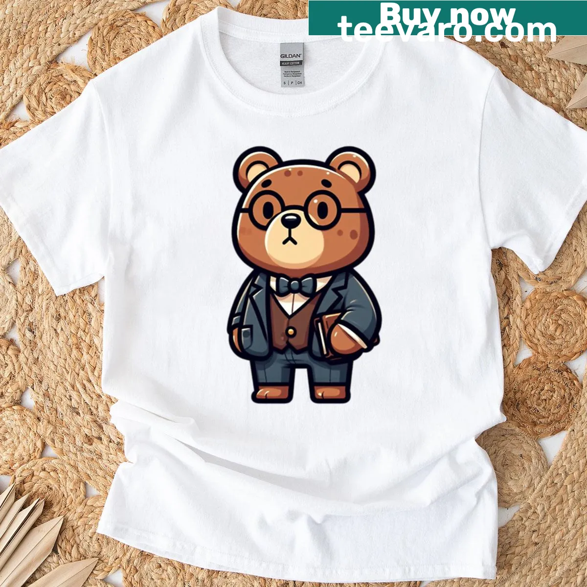 Oversized cartoon bear t-shirt with museum curator design — on a men's t-shirt
