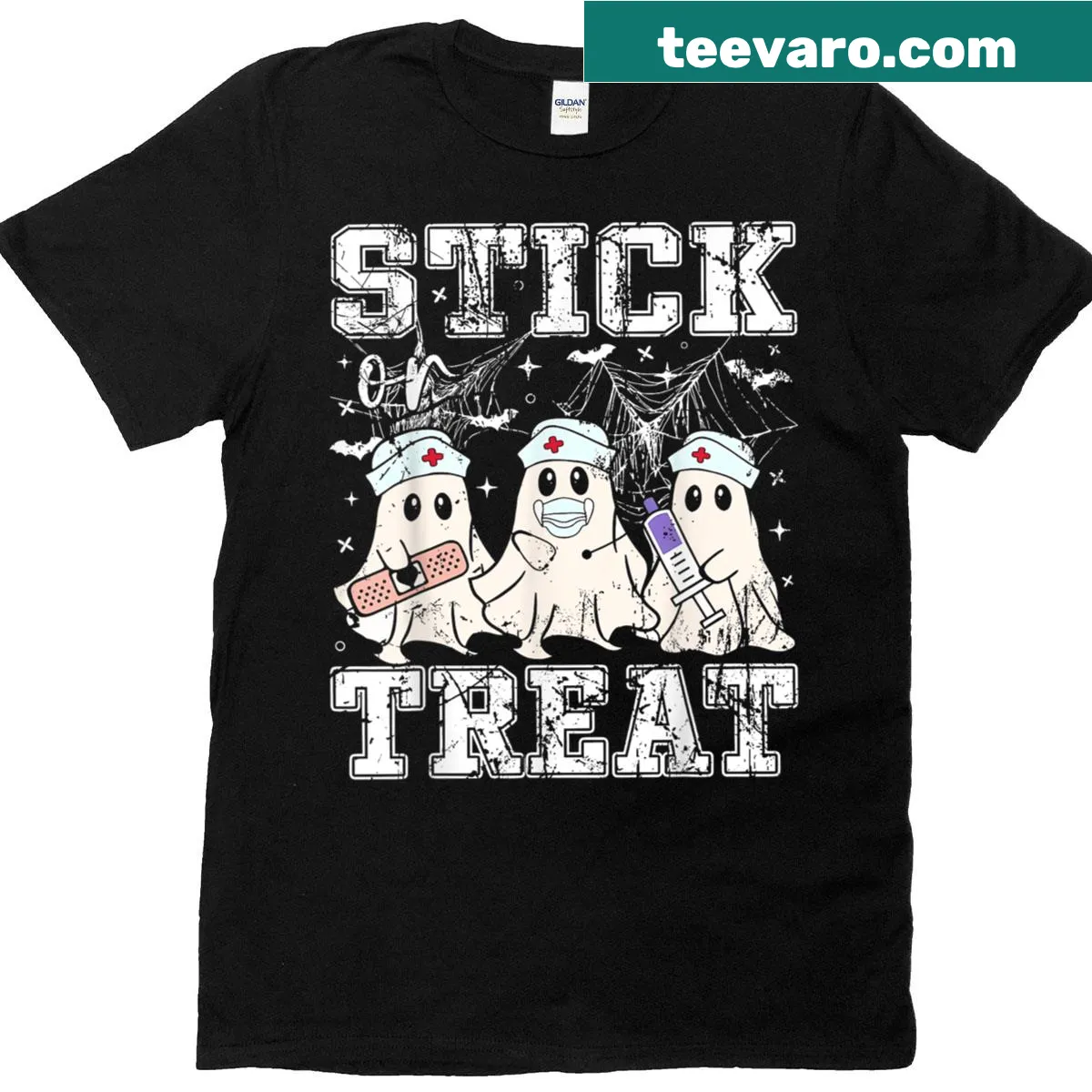 Halloween-themed T-shirt with a ghost and 'Stick Or Treat' text for nurses. — on a men's t-shirt