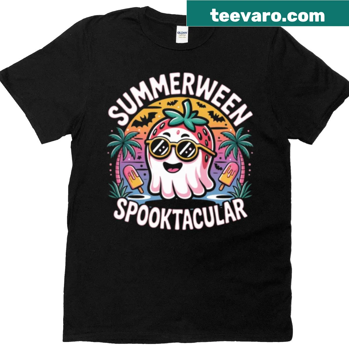 Playful Summerween themed t-shirt with Halloween and summer elements — on a men's t-shirt