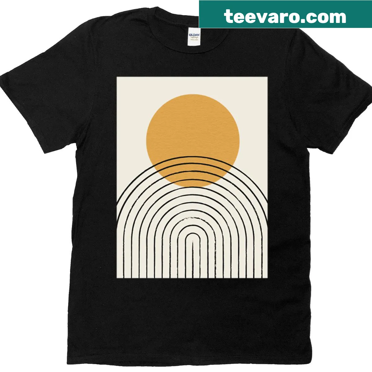 Oversized T-shirt featuring a colorful sun and rainbow abstract design — on a men's t-shirt