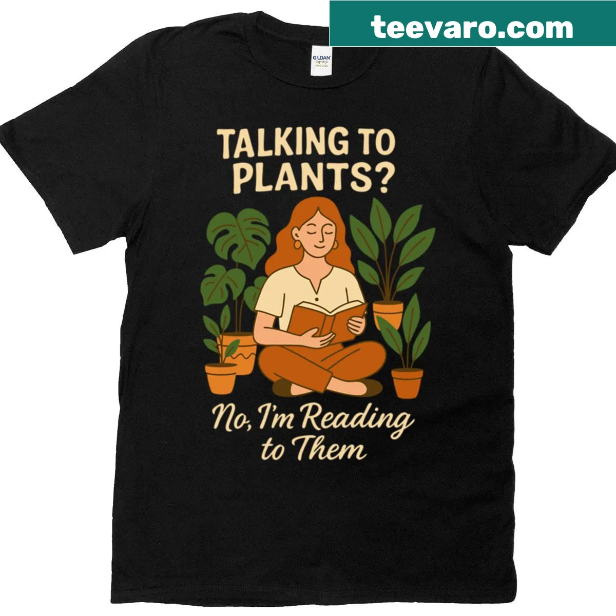 T-shirt with the humorous phrase about plants and reading in bold typography. — on a men's t-shirt