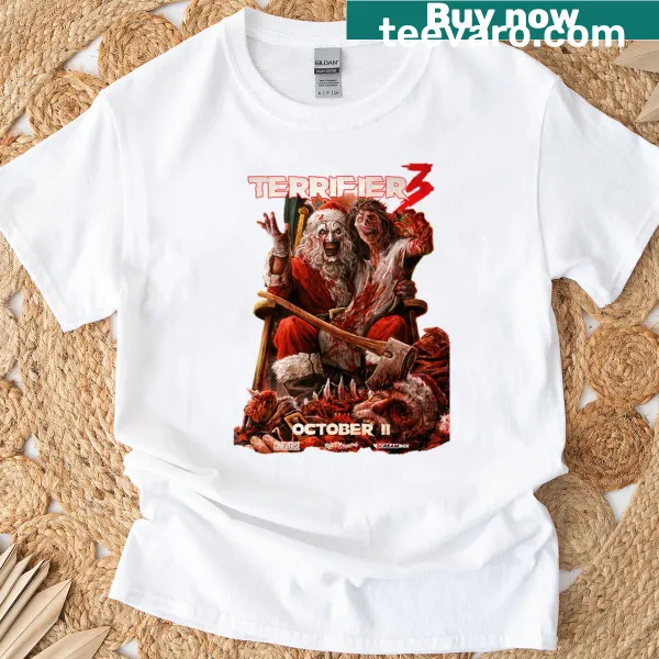 Distressed Terrifier 3 t-shirt with iconic horror film graphic