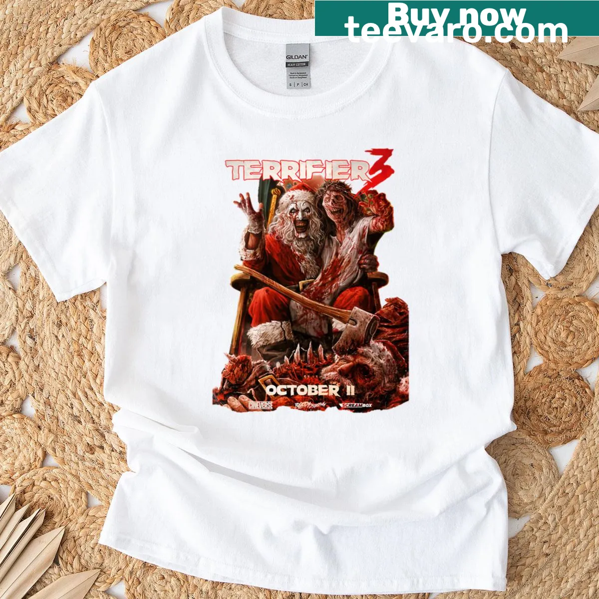 Distressed Terrifier 3 t-shirt with iconic horror film graphic — on a men's t-shirt