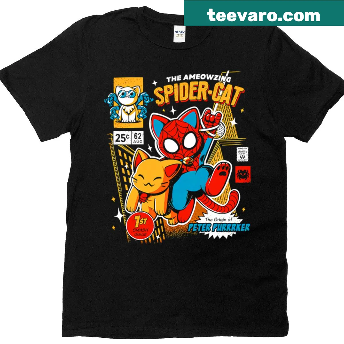 Whimsical graphic of a superhero spider cat on t-shirt — on a men's t-shirt