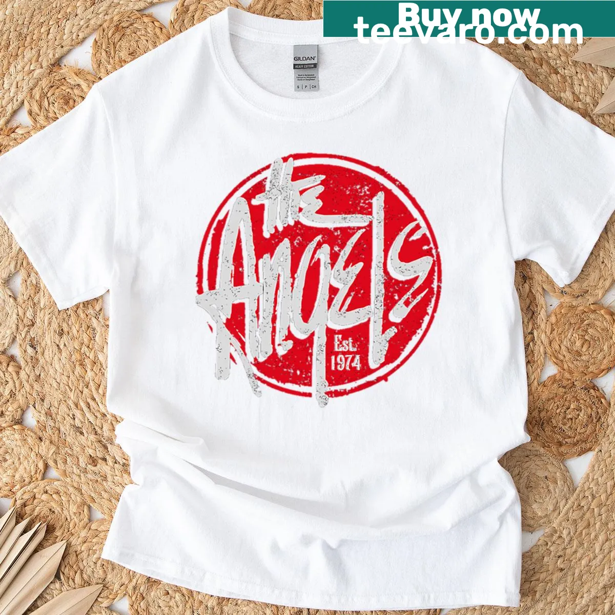 Vintage logo T-shirt featuring The Angels Band emblem — on a men's t-shirt