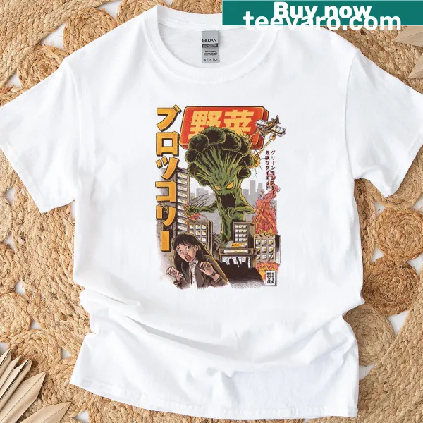 Playful t-shirt featuring a cartoon broccoli monster