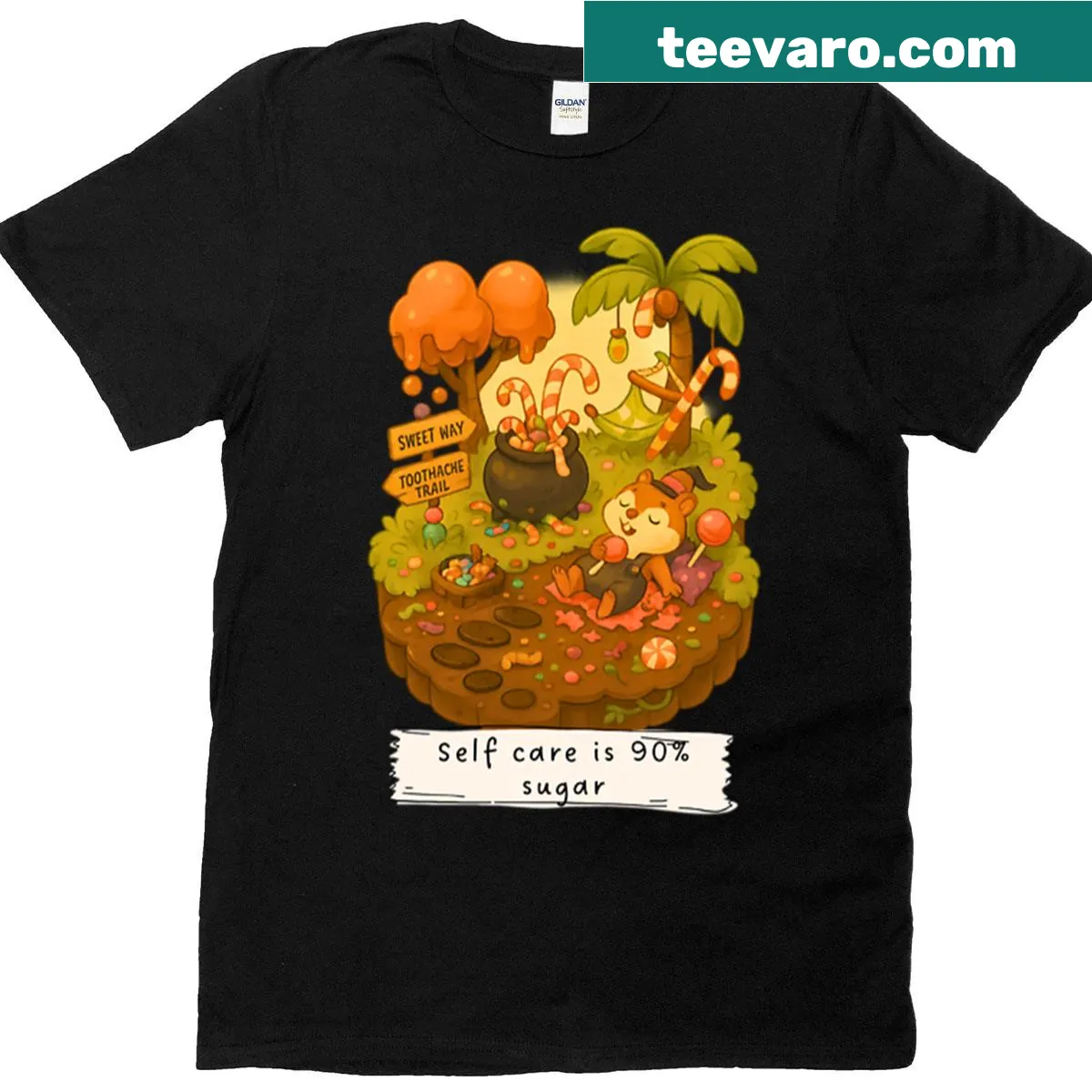 Whimsical Halloween t-shirt with isometric island design — on a men's t-shirt