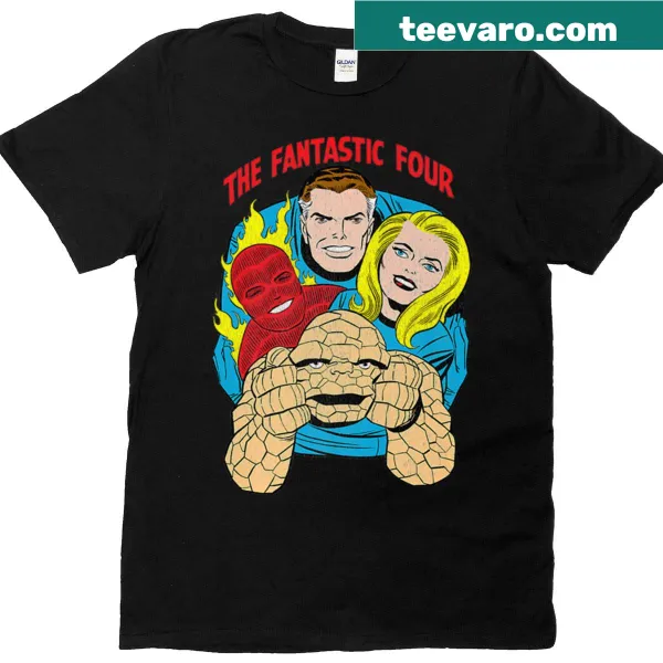 Retro comic-themed t-shirt featuring the Fantastic Four characters in action