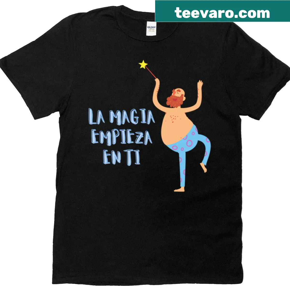 Inspirational typography shirt with the phrase 'The Magic Begins With You' — on a men's t-shirt
