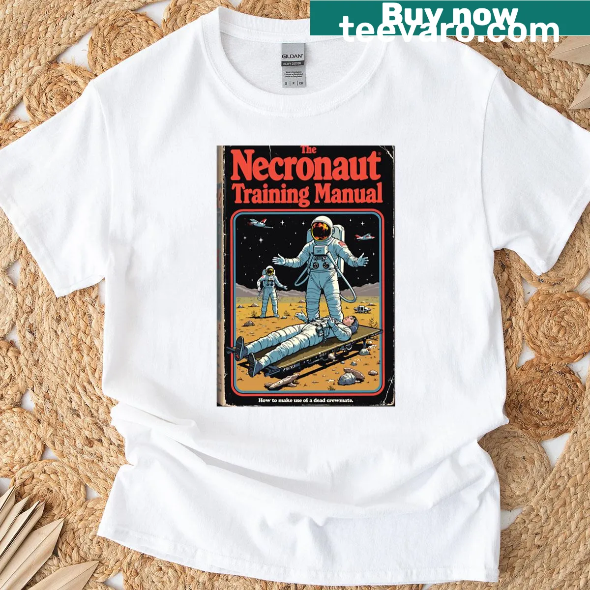 Humorous typography T-shirt inspired by sci-fi horror themes — on a men's t-shirt