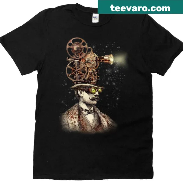 Vintage sepia-toned projectionist t-shirt with classic movie lettering