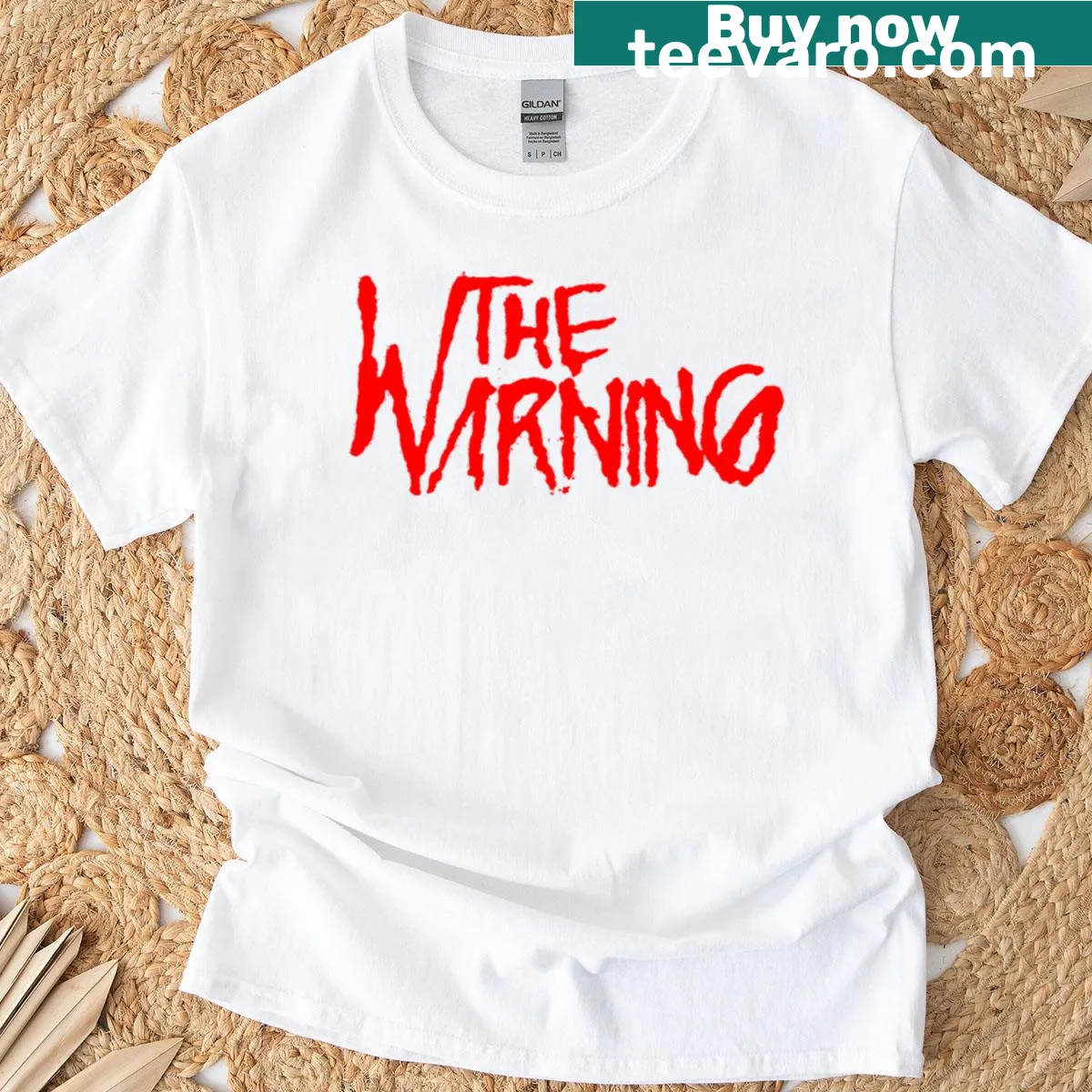 T-shirt with graphic design for Mexican rock band The Warning — on a men's t-shirt