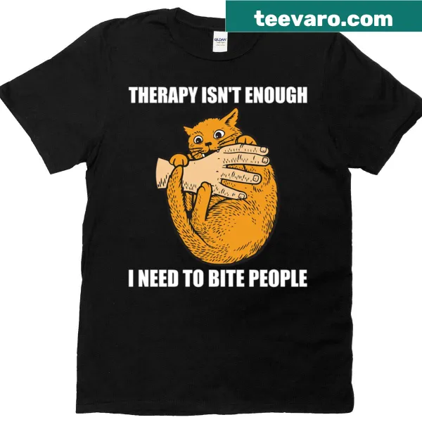 Humorous cat-themed T-shirt with text about biting people, Japanese style.