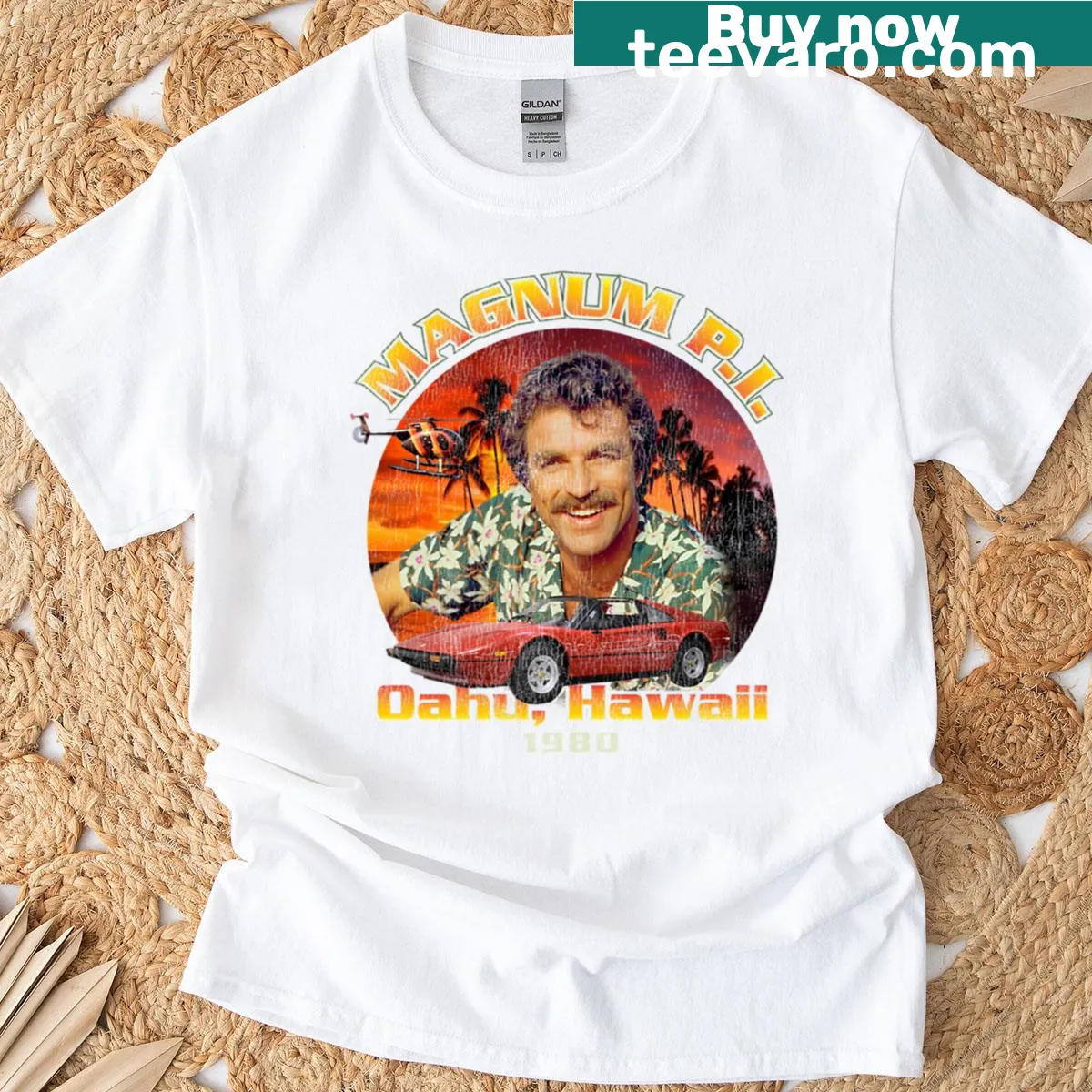 Retro worn t-shirt featuring Thomas Magnum Pi graphic from the 1980s. — on a men's t-shirt