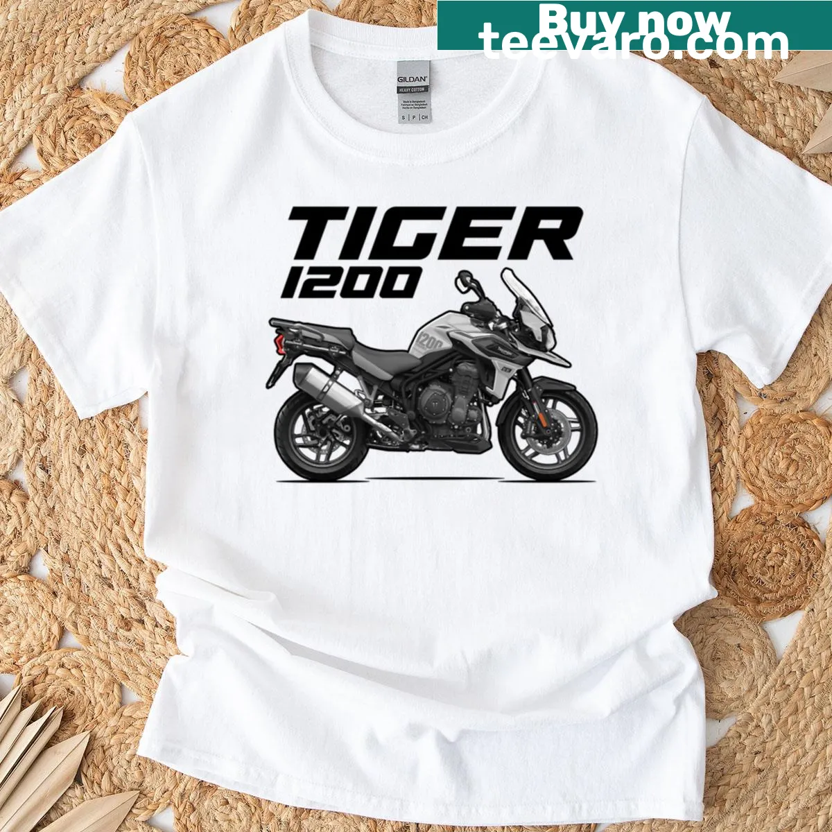 Illustrated T-shirt featuring a Tiger 1200 motorcycle graphic — on a men's t-shirt