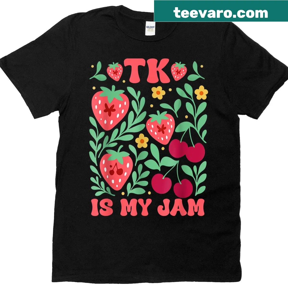 Playful cartoon T-shirt celebrating strawberry cherry jam — on a men's t-shirt