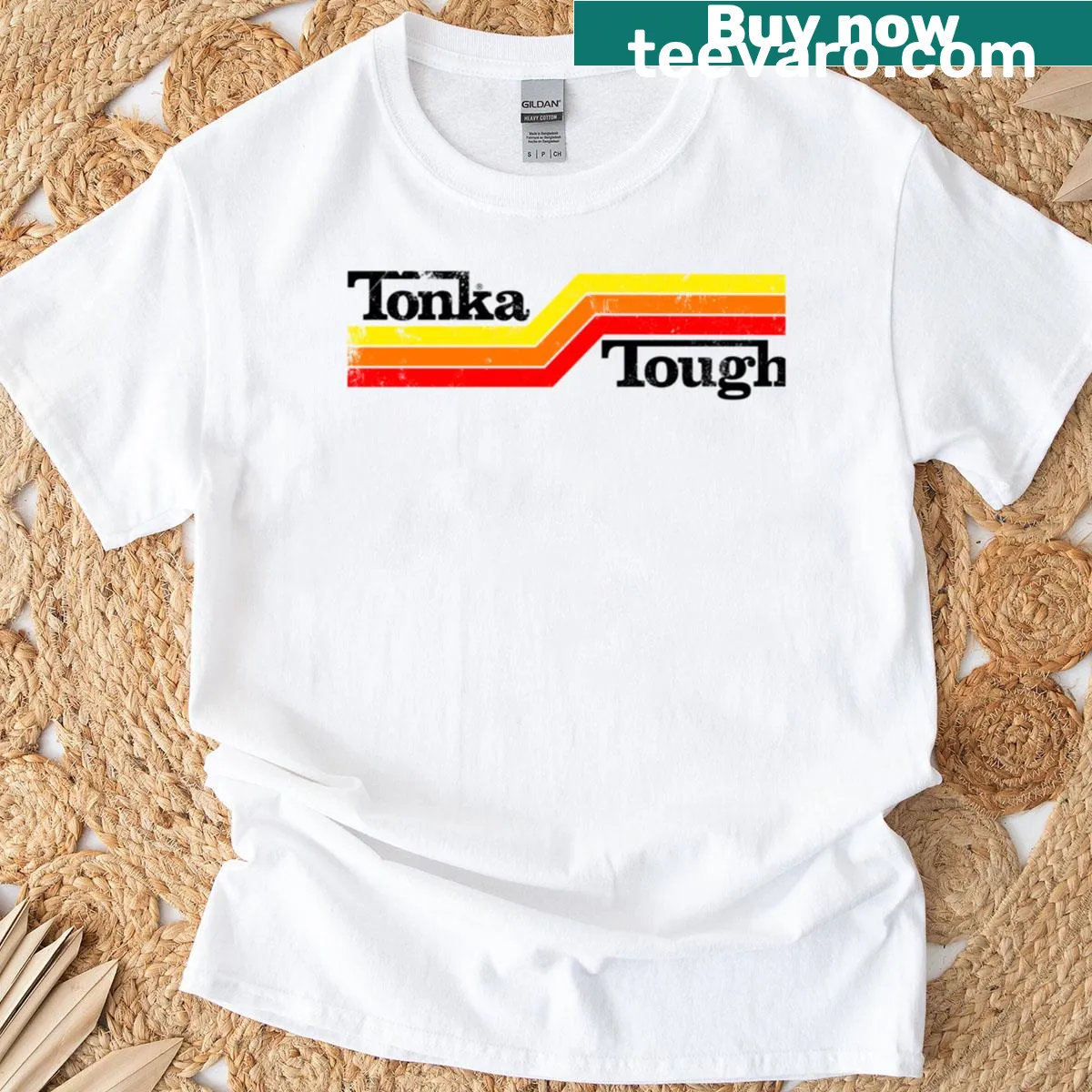 Distressed Tonka Tough T-shirt showcasing a vintage truck design — on a men's t-shirt