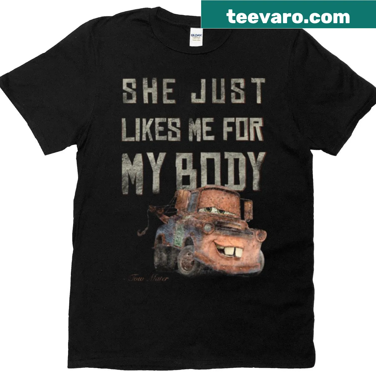 Humorous T-shirt featuring a quote about tow trucks and brown cars — on a men's t-shirt